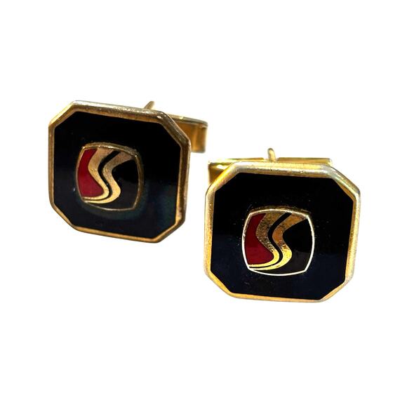 Vintage 70’s cufflinks goldtone black & red enamel finish hip mod men's Jewelry - Picture 6 of 6